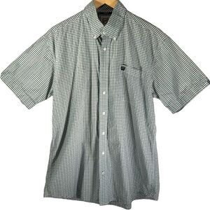 Cinch‎ Men's Medium Green Blue Checkered Short Sleeve Western Button-Up Shirt
